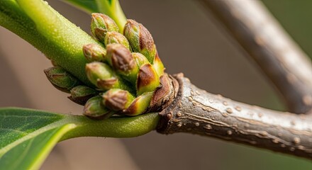 Macro view of fresh green buds sprouting on a tree branch in spring.