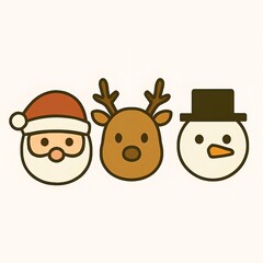 サンタ・トナカイ・雪だるまの顔イラスト｜Santa Reindeer and Snowman Faces Illustration