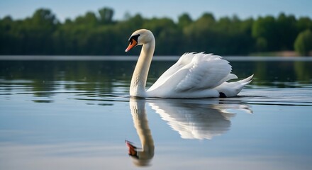 Obraz premium White swan glides on calm lake with reflection and forest background