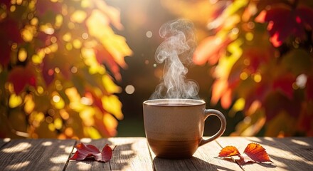 Steaming hot drink in a mug on a wooden table with vibrant autumn leaves in the background.