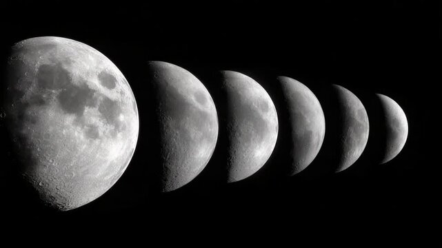 A sequence of lunar phases displays a progression of the moon's changing illumination