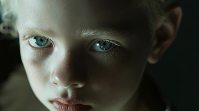 A young boy with blue eyes and a somber expression.