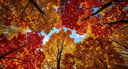 Vibrant Autumn Canopy Viewed From Below With Bright Blue Sky Peeking Through.