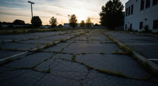 Cracked asphalt parking lot overgrown with weeds at sunset, building beyond