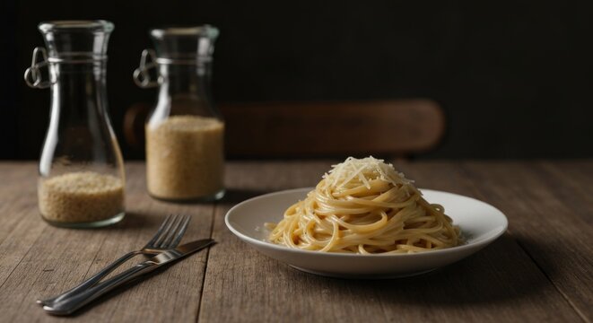 Creamy pasta topped with cheese alongside containers on a wooden surface - Powered by Adobe
