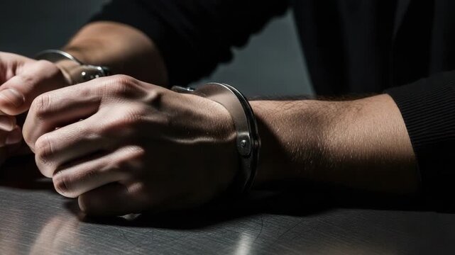 Close-up of a man's hands in handcuffs on a table. Arrested criminal suspect in an interrogation room. Crime and justice concept