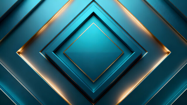 Striking abstract geometric design with layered teal diamonds outlined in glowing gold, luxurious, modern 3D pattern with depth and metallic sheen - Powered by Adobe