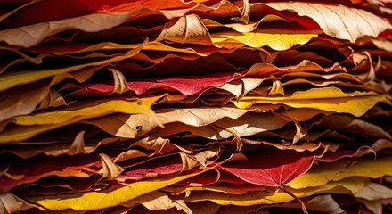 Vibrant Autumn Leaves Pile Close Up with Rich Red and Golden Hues.