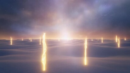 Mysterious glowing pillars in a surreal alien landscape at sunrise. - Powered by Adobe