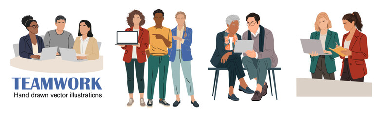 Obraz premium Flat minimalist vector illustration of teamwork and collaboration with diverse business people in office and casual settings, modern style, clean lines, muted color palette