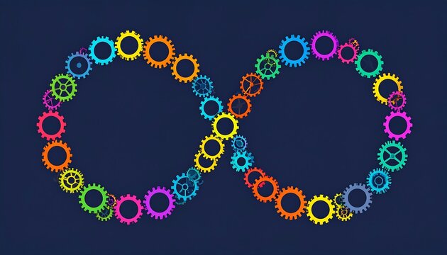 Abstract illustration of infinity symbol created from colorful gears on blue background - Powered by Adobe