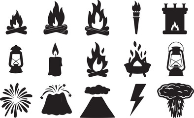 Obraz premium Set of wood fire flame vector icons. Collection of fire , flame, volcano and thunder icons Illustrator Artwork