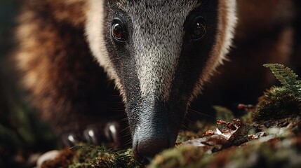Close up of a honey badger looking down at ants on mossy ground with fern in soft focus background