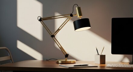 Desk setup with lamp, computer, and sunlight creating shadows