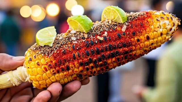 A Close-Up of Delicious Mexican Street Corn (Elotes) Topped with Lime Wedges and Spices, Captured in a Bustling Outdoor Market Setting
