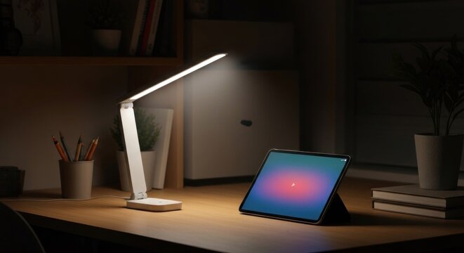 Desk lamp illuminating tablet on wood desk, laptop visible in the background