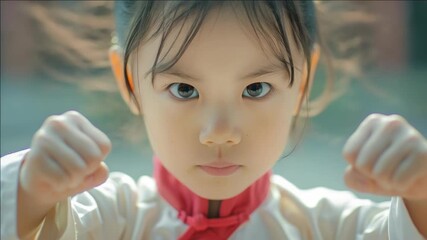 Young girl boxing stance, confident expression, focused gaze