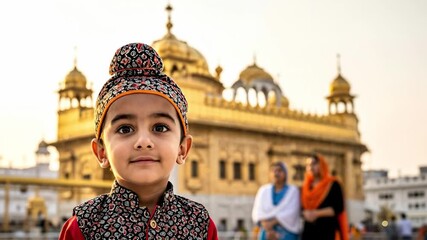 A Young South Asian Boy Gazes in Awe at the Golden Temple in Amritsar, India, Surrounded by Family Members Celebrating Cultural Heritage and Spirituality