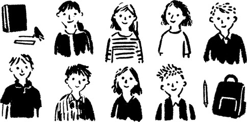 Vector illustration of a diverse group of students set in black and white. Cartoon characters with school supplies and happy expressions.