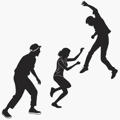 Silhouettes of three people jumping and running in unison