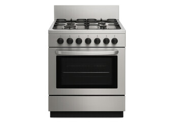 Stainless steel gas range with multiple burners and oven for home kitchens, cooking, and culinary preparations, transparent background
