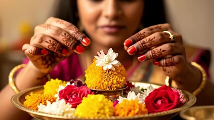 A Close-Up of a Young Indian Woman with Intricate Henna Designs on Her Hands, Arranging Vibrant Marigold and Floral Offerings in a Traditional Plate for a Cultural Ritual - Powered by Adobe