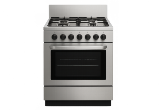 Stainless steel gas range with multiple burners and oven for home kitchens, cooking, and culinary preparations, transparent background