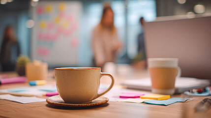 A cozy workspace with a coffee cup on a desk, surrounded by colorful sticky notes and a laptop, creating an inviting atmosphere for collaboration.
