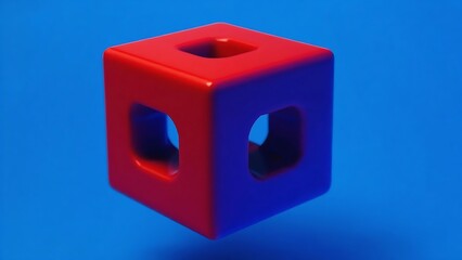 Abstract red and blue cube with square holes, creating a visually interesting and geometric shape isolated on blue background