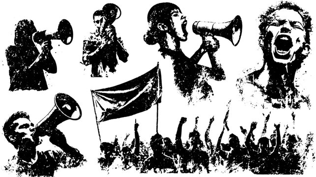 Illustration set featuring individuals using megaphones and vocal expressions. Black and white vector art capturing dynamic activism and powerful messages.