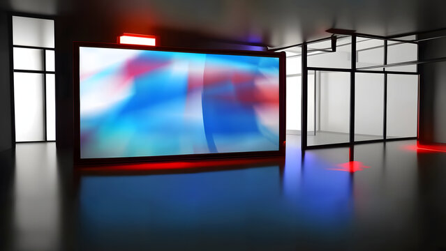 Futuristic meeting room with vibrant screen, modern office space ideal for presentations, collaborative workspace showcasing innovation and technology forward thinking - Powered by Adobe