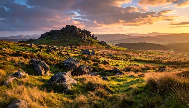 Dramatic sunset landscape with rocks, hills, and a cloudy sky view