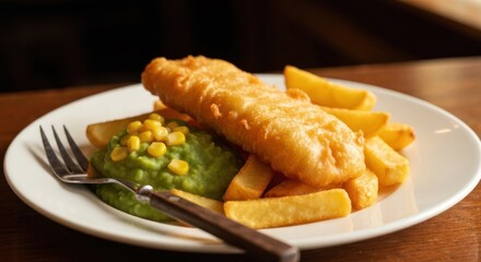 Fish and chips with mushy peas and corn on white plate, viewed close-up