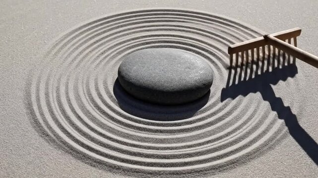 Zen Garden Serenity: A stone nestles in the center of concentric patterns raked into the sand of a tranquil Zen garden, a symbol of meditation and mindfulness. 