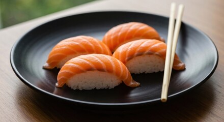 Four salmon sushi nigiri on black plate with chopsticks, light background