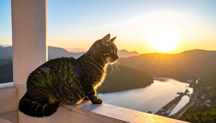 A tabby cat sits on a balcony, watching a brilliant sunrise over a body of water and distant mountains
