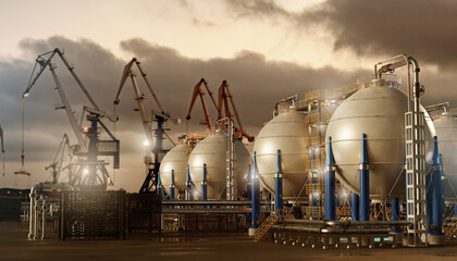 Gas and oil refinery operates spherical storage tanks and cranes at an industrial port. Energy production, processing, and transportation facility at sunset.