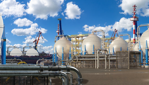 Marine gas terminal handles spherical LNG tanks and pipelines for loading liquefied natural gas onto transport vessels. Industrial energy export and storage facility.