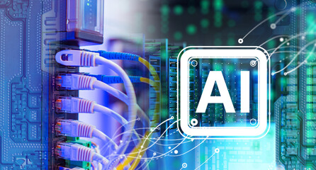 Artificial intelligence development integrated with data servers and network connections. AI systems process digital information through advanced computing and machine learning.