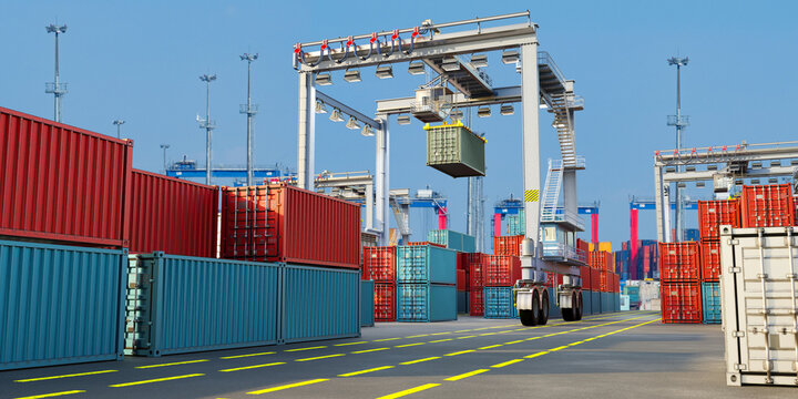 Cargo handling at a modern shipping terminal with cranes loading containers for global transport. Port logistics ensure efficient freight operations and international trade flow.
