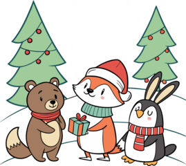 Cute Christmas 2026 animal clipart — bear, fox, rabbit, penguin wearing santa hat and scarf — adorable cartoon style, transparent background