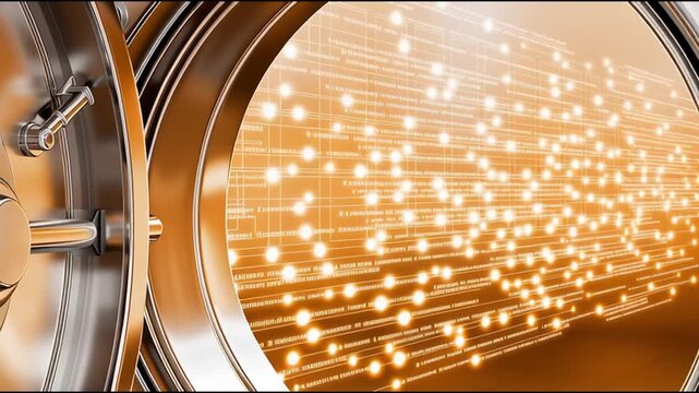 Metallic vault door opens, revealing a glowing digital interface inside, showcasing intricate patterns and lights, camera zooms in for detailed view of the secure technology