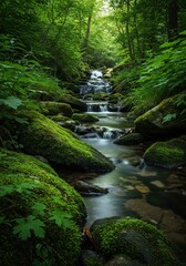 Obraz premium A tranquil natural brook flows gently over smooth river stones, surrounded by lush green moss and foliage in a serene forest environment ,clear ,stones ,untouched