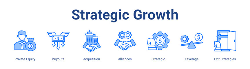 Strategic Growth web icon vector illustration concept with icon of Private Equity, buyouts, acquisition, alliances, Strategic, Leverage, Exit Strategies
