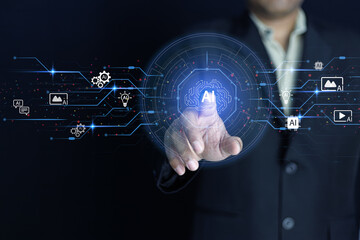  A businessman interacts with a futuristic digital interface,showcasing the application of artificial intelligence (AI) in modern workplaces.This conceptual image represents innovation