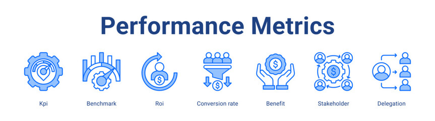 Performance Metrics web icon vector illustration concept with icon of Kpi, Benchmark, Roi, Conversion rate, Benefit, Stakeholder, Delegation