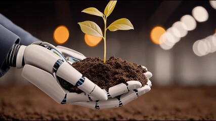 Robotic hand gently cradles a young plant in rich soil, showcasing a harmonious blend of technology and nature, with a gradual zoom in emphasizing growth and innovation - Powered by Adobe