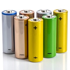 A close-up showcases a collection of cylindrical batteries in various vibrant colors, standing upright on a white surface