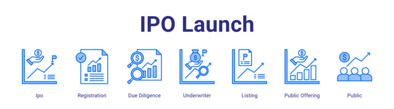 Ipo Launch web icon vector illustration concept with icon of Ipo,Registration,Due Diligence,Underwriter,Listing,Public Offering,Public