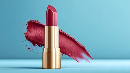 Elegant gold lipstick tube and a rich red makeup smudge are presented in a studio setting with a soft blue gradient background highlighting beauty and cosmetic product